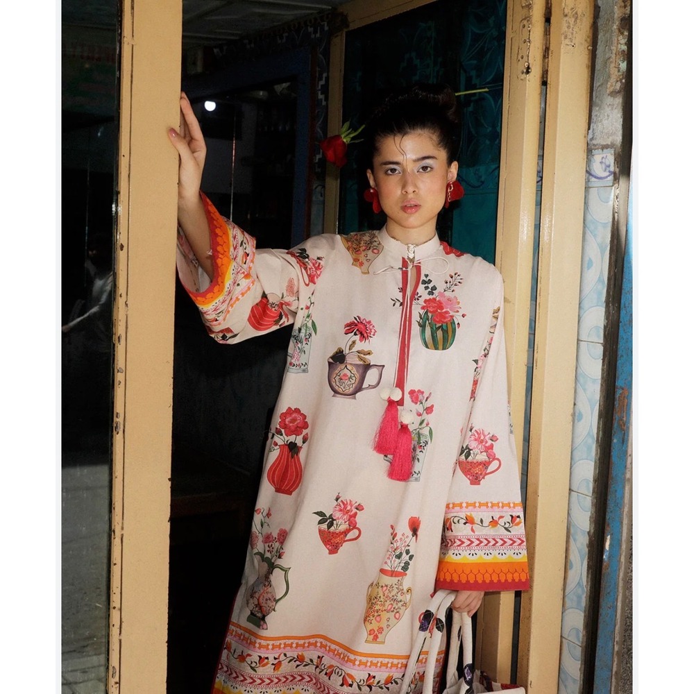 JUGNU Lahore Luna Alani Official Floral Tunic Kurta Cream Pink Tassel Pom Pom M